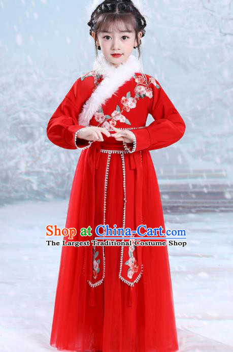 China Ming Dynasty Girl Clothing Children Stage Show Garment Costumes Traditional New Year Red Hanfu Dress