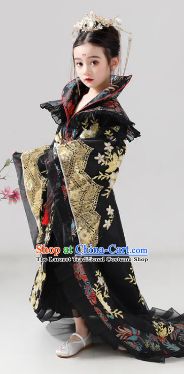 China Tang Dynasty Girl Empress Clothing Ancient Children Costumes Traditional Stage Show Queen Black Hanfu Dress