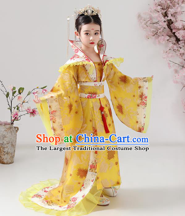 China Traditional Stage Show Queen Yellow Hanfu Dress Tang Dynasty Girl Empress Clothing Ancient Children Costumes