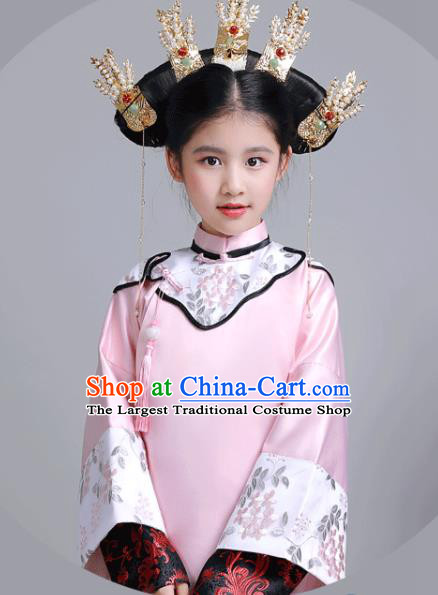 China Ancient Children Princess Garment Costume Traditional Stage Show Girl Pink Qipao Dress Qing Dynasty Imperial Consort Clothing