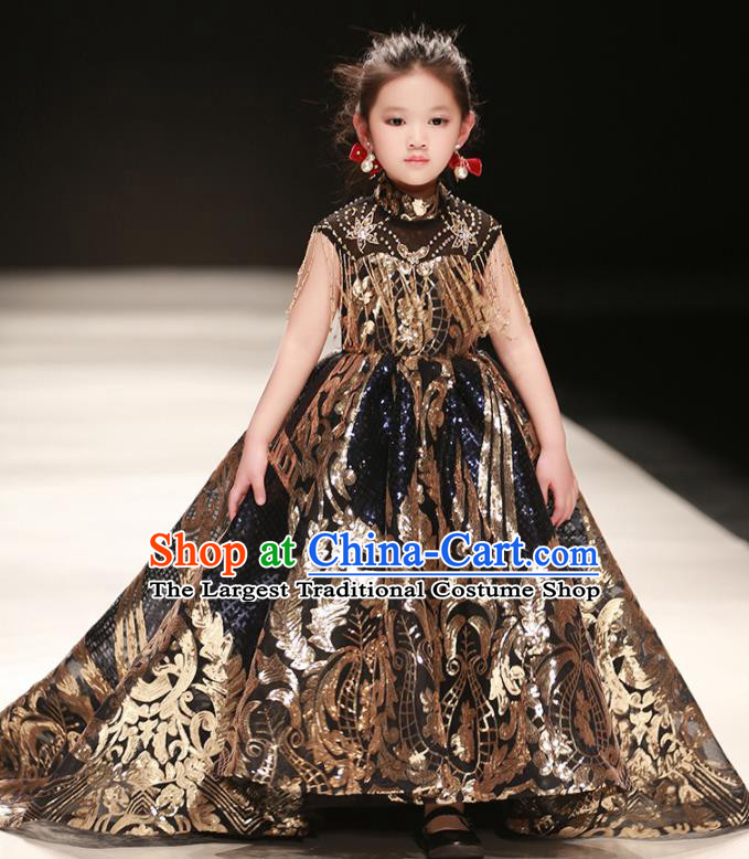 Professional Children Piano Performance Formal Clothing Girl Stage Show Fashion Costume Baroque Catwalks Trailing Full Dress