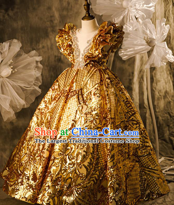 Professional Girl Stage Show Fashion Clothing Baroque Catwalks Golden Trailing Full Dress Children Performance Formal Costume