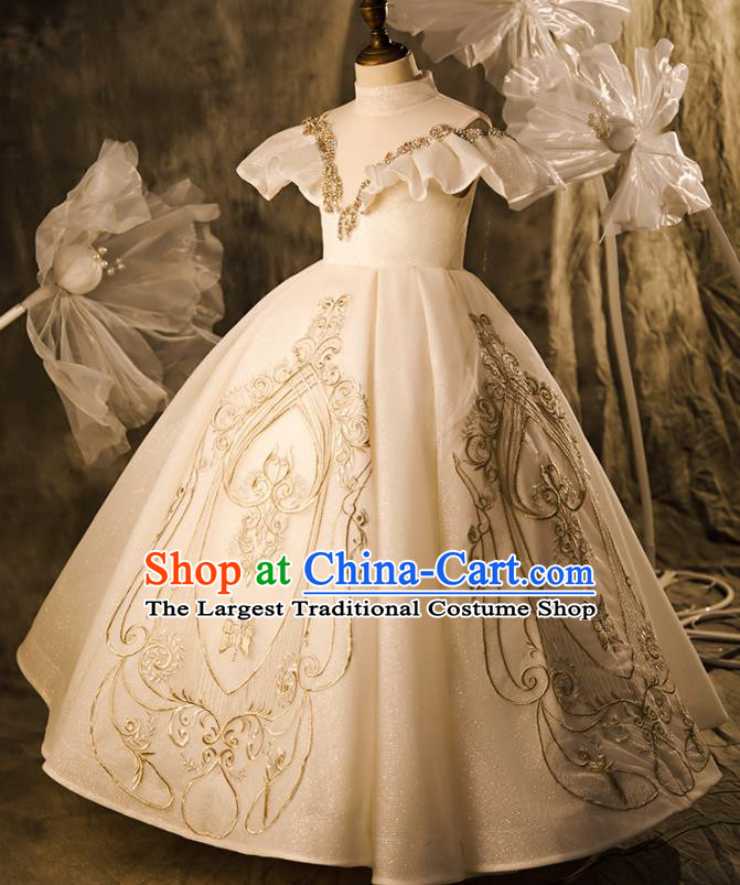 Professional Children Performance Formal Costume Girl Stage Show Fashion Clothing European Catwalks Beige Full Dress