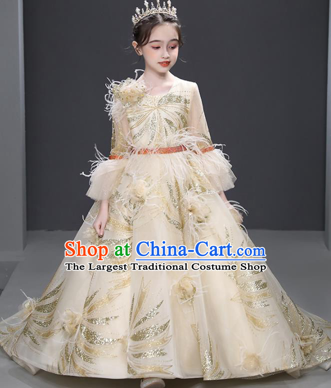 Professional Children Compere Formal Costume Flower Girl Garment Stage Show Fashion Clothing Catwalks Beige Trailing Evening Dress