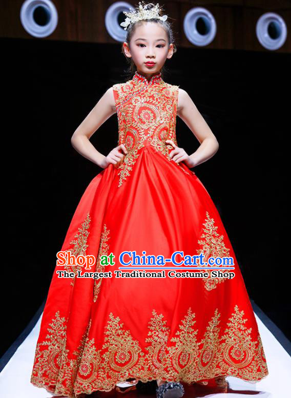 Professional Girl Stage Show Fashion Clothing Catwalks Red Evening Dress Children Compere Formal Costume