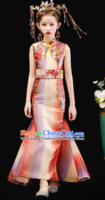 Chinese Traditional Stage Performance Costume National Girl Clothing Children Catwalks Red Fishtail Dress Uniforms