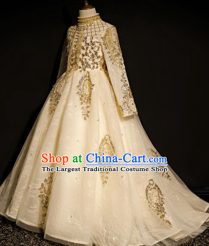 Professional Stage Show Fashion Clothing Catwalks Beige Trailing Evening Dress Children Compere Formal Costume Baroque Girl Princess Garment