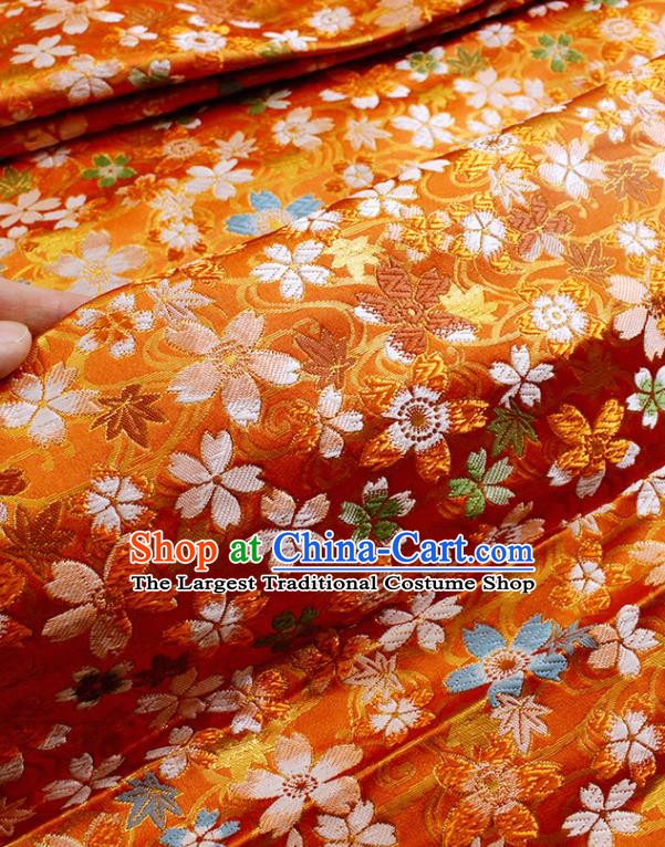 Japanese Nishijin Brocade Traditional Maple Sakura Pattern Orange Satin Drapery Asian Kimono Tapestry Fabric