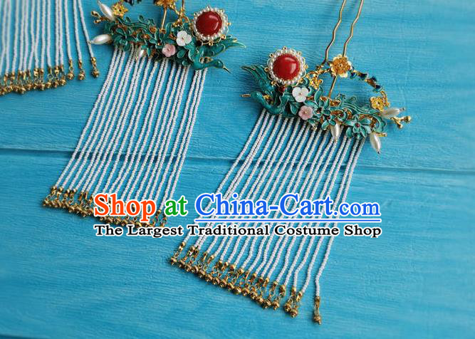 Chinese Ancient Princess Pearls Tassel Hairpin Traditional Wedding Hair Accessories Ming Dynasty Court Lady Cloisonne Hair Stick