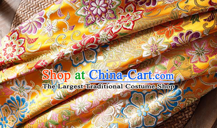 Asian Japanese Classical Chrysanthemum Pattern Tapestry Fabric Traditional Yellow Brocade Yukata Dress Satin Kimono Drapery