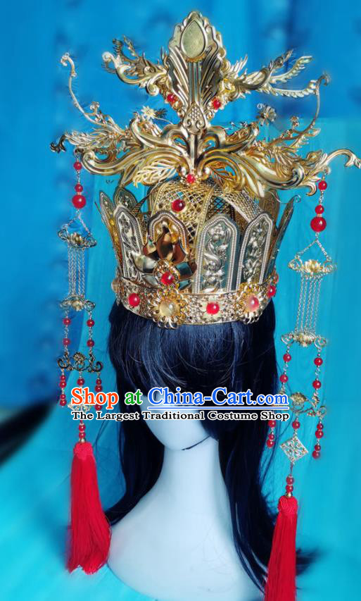 China Traditional Hanfu Tassel Hair Crown Ancient Queen Golden Phoenix Coronet Drama Mojin The Lost Legend Empress Headdress