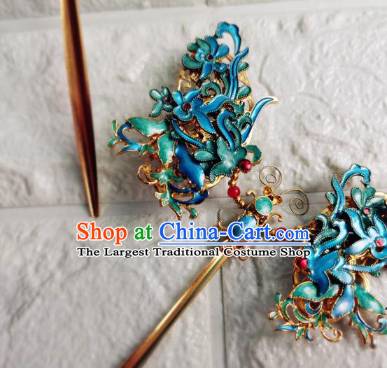 Chinese Traditional Hair Accessories Ancient Imperial Consort Hair Stick Qing Dynasty Court Woman Cloisonne Butterfly Hairpin