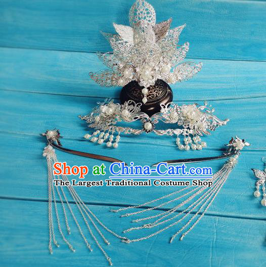 Chinese Tang Dynasty Court Woman Tassel Hairpin Traditional Hanfu Hair Accessories Ancient Imperial Consort Argent Hair Crown