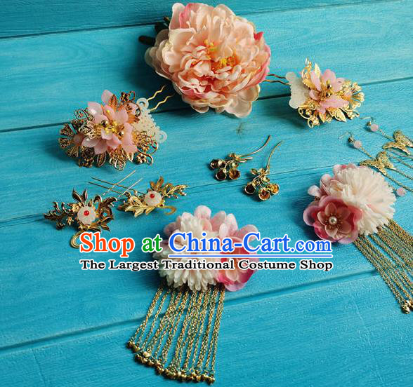 Chinese Ancient Imperial Consort Hairpins Traditional Hanfu Hair Accessories Tang Dynasty Pink Peony Hair Crown Full Set