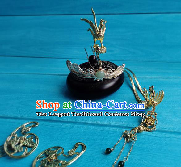 Chinese Ancient Queen Hair Accessories Traditional Qin Dynasty Empress Golden Phoenix Hair Crown and Tassel Hairpins Complete Set