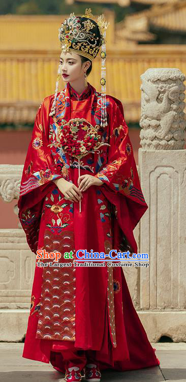 China Ancient Empress Red Hanfu Dress Traditional Wedding Garments Ming Dynasty Court Queen Historical Clothing and Headdress Complete Set