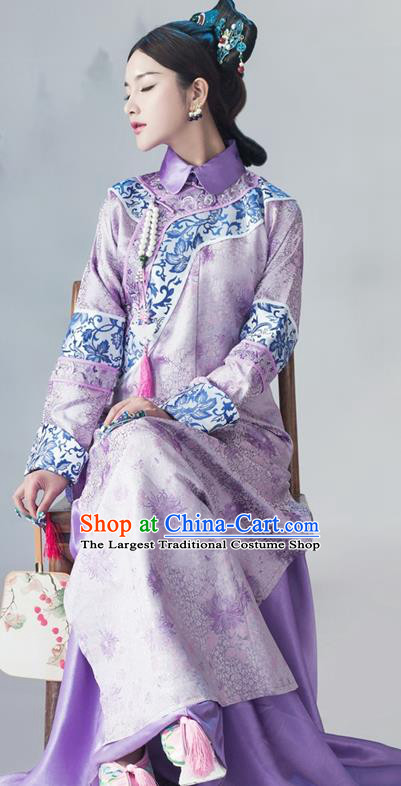 China Ancient Imperial Consort Purple Dress Traditional Court Garments Qing Dynasty Palace Beauty Historical Clothing