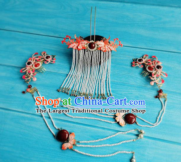 Chinese Ancient Court Woman Red Cloisonne Hairpins Traditional Hanfu Hair Accessories Ming Dynasty Imperial Consort Pearls Tassel Hair Comb