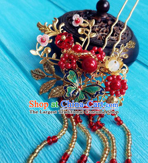 Chinese Ming Dynasty Cloisonne Butterfly Hairpin Traditional Hanfu Hair Accessories Ancient Empress Beads Tassel Hair Stick