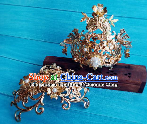 Chinese Jin Dynasty Empress Hairpins Traditional Hanfu Wedding Hair Accessories Ancient Queen Fu Yao Golden Hair Crown