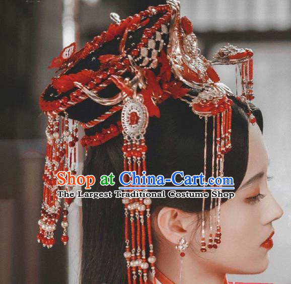 China Drama The Legend of White Snake Bai Suzhen Hairpieces Traditional Hanfu Bride Headdress Ancient Goddess Red Tassel Hair Crown