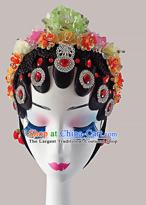 Chinese Classical Dance Wigs and Flowers Hair Accessories Peking Opera Hua Tan Hairpieces Woman Stage Performance Headdress