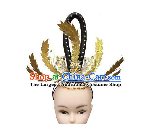 Chinese Traditional Fairy Dance Wigs Chignon Classical Dance Hair Accessories Woman Stage Performance Golden Hair Crown