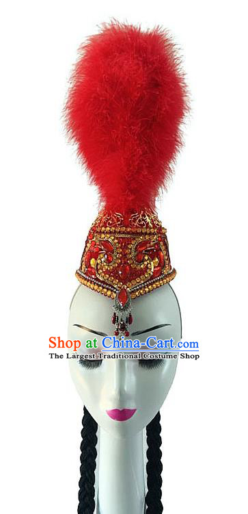 China Kazak Nationality Dance Headdress Xinjiang Minority Performance Feather Headwear Ethnic Folk Dance Red Hat