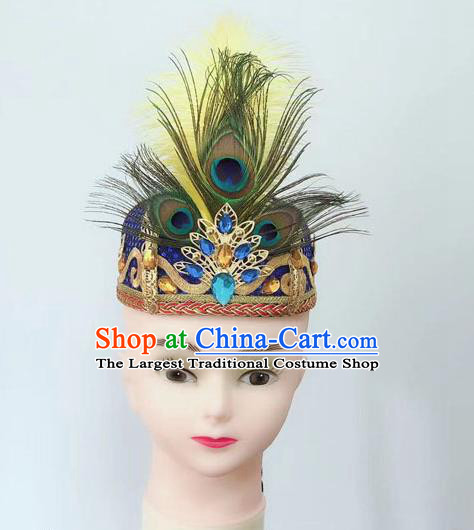 China Xinjiang Minority Performance Feather Headpiece Uyghur Ethnic Folk Dance Royalblue Hat Uighur Nationality Dance Headdress