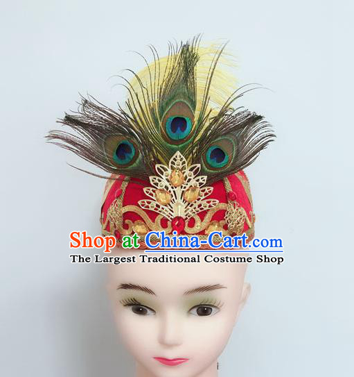 China Uighur Nationality Dance Headdress Xinjiang Minority Performance Feather Headpiece Uyghur Ethnic Folk Dance Red Hat