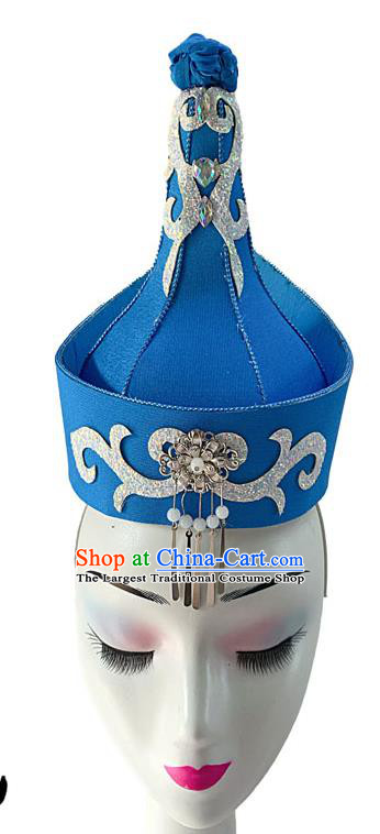 China Mongolian Ethnic Dance Blue Hat Mongol Nationality Dance Headdress Woman Stage Performance Headwear