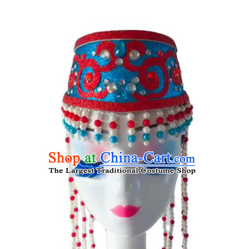 China Mongolian Nationality Dance Headwear Mongol Minority Folk Dance Headdress Ethnic Woman Performance Tassel Blue Hat