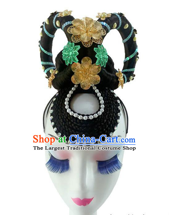 Chinese Traditional Court Dance Hairpieces Woman Stage Performance Headdress Classical Dance Hair Accessories Flying Apsaras Dance Wigs Chignon