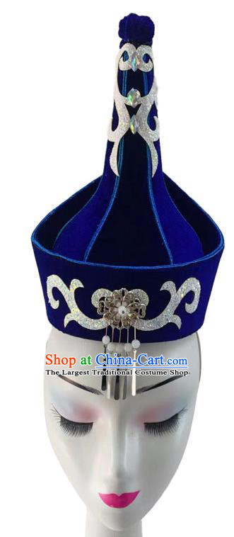 China Woman Stage Performance Headwear Mongolian Ethnic Dance Royalblue Hat Mongol Nationality Dance Headdress