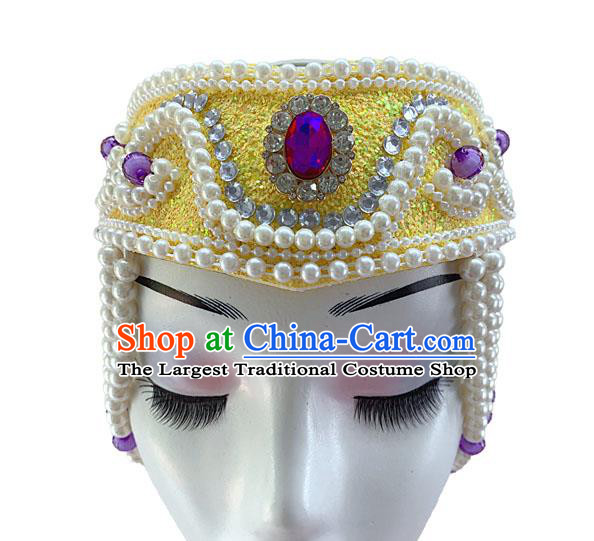 China Woman Stage Performance Pearls Headwear Mongolian Ethnic Dance Yellow Hat Mongol Nationality Dance Headdress