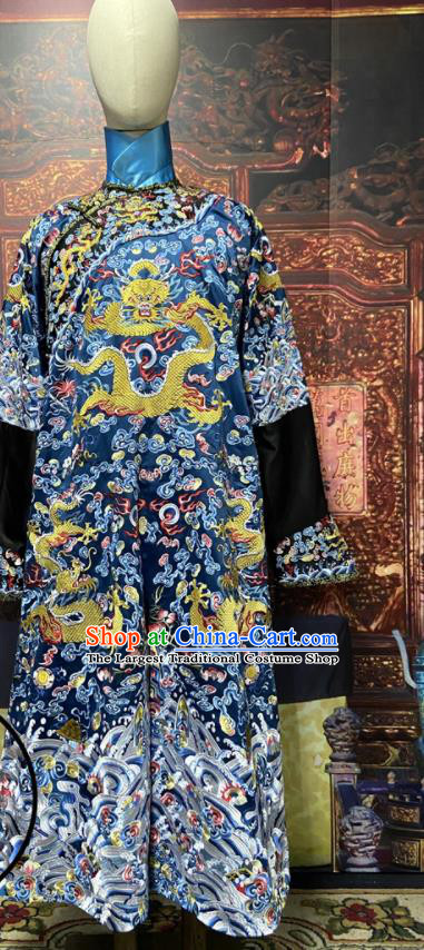 China Ancient Blue Imperial Dragon Traditional Historical Garment Costume Qing Dynasty Emperor Embroidered Dragon Robe Clothing