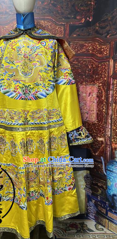 China Traditional Manchu Emperor Historical Garment Costume Qing Dynasty Monarch Embroidered Dragon Robe Clothing Ancient Yellow Imperial Dragon