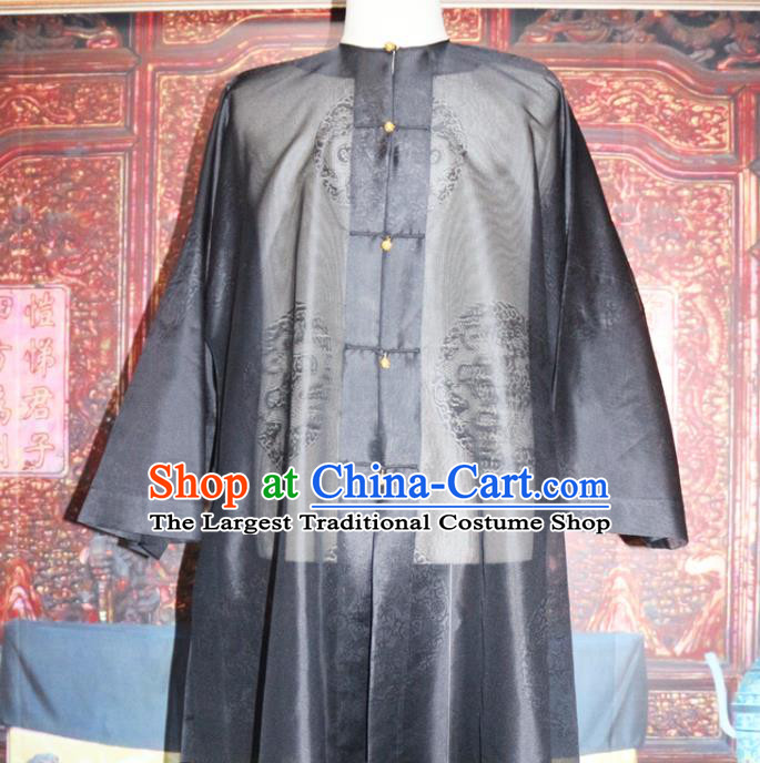 China Qing Dynasty Manchu King Historical Garment Costume Ancient Monarch Black Silk Long Gown Traditional Emperor Mandarin Jacket