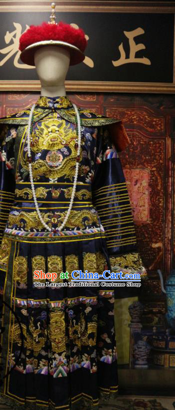 China Traditional Emperor Imperial Robe Qing Dynasty Manchu King Historical Garment Costume Ancient Monarch Embroidered Navy Dragon Robe