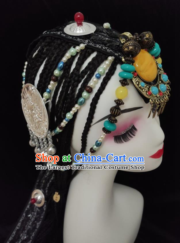 China Zang Nationality Folk Dance Hair Accessories Minority Dance Braids Hairpieces Tibetan Ethnic Performance Headdress