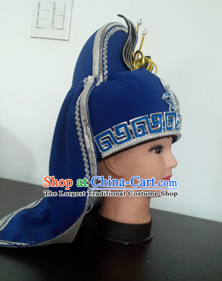 Chinese Peking Opera Wusheng Headwear Shaoxing Opera General Headdress Traditional Beijing Opera Imperial Bodyguard Blue Hat