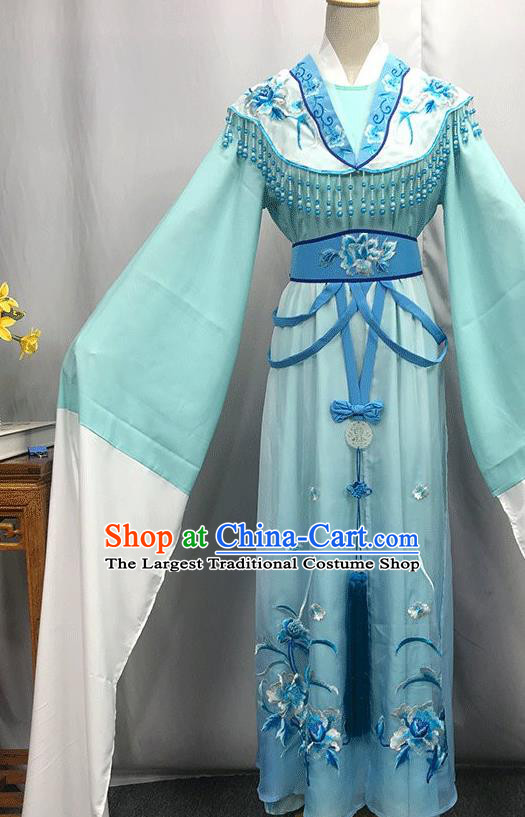 China Traditional Yue Opera Goddess Light Blue Dress Outfits Peking Opera Diva Clothing Ancient Princess Garment Costumes