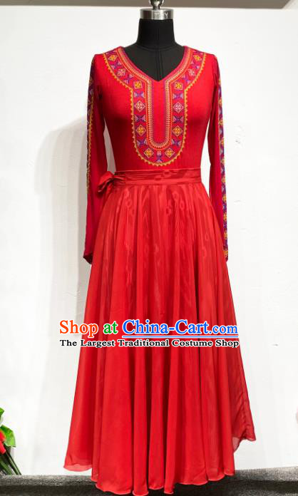 Chinese Uyghur Nationality Dance Clothing Xinjiang Ethnic Performance Costume Woman Dance Garments Uighur Minority Red Dress Outfits