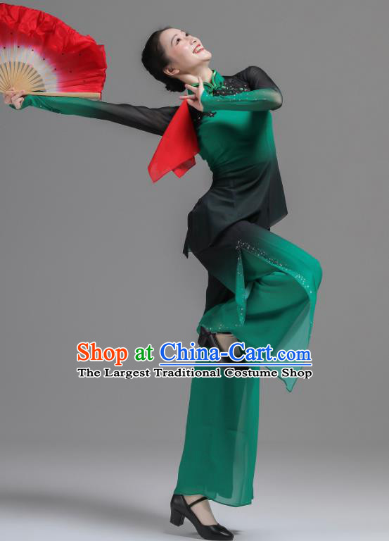 Chinese Folk Dance Green Outfits Fan Dance Costumes Jiaozhou Yangko Dance Clothing Women Group Performance Garments