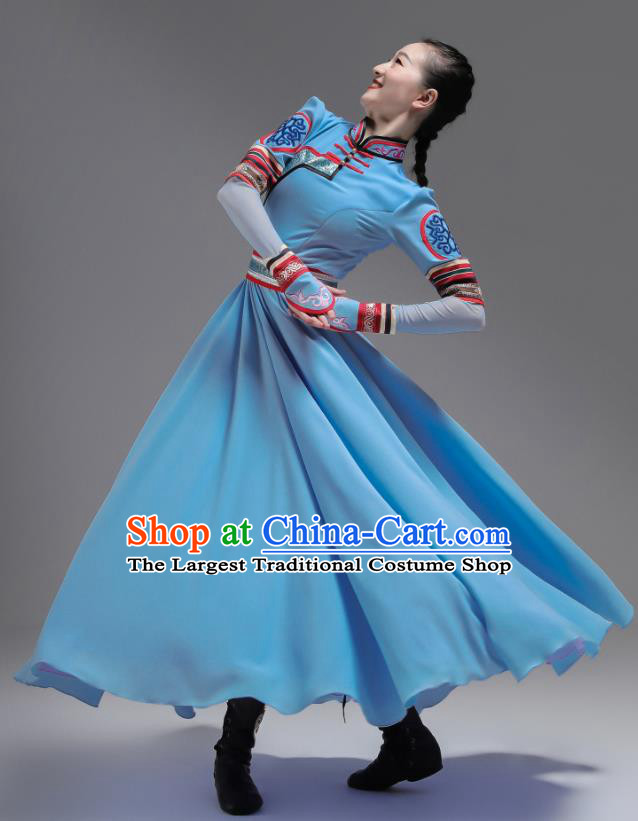 Chinese Mongol Nationality Dance Clothing Ethnic Performance Costume Woman Dance Garments Mongolian Minority Blue Dress Outfits