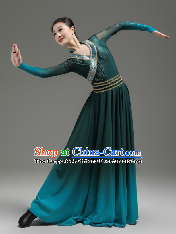 Chinese Woman Dance Garments Mongolian Minority Atrovirens Dress Outfits Mongol Nationality Dance Clothing Ethnic Performance Costume