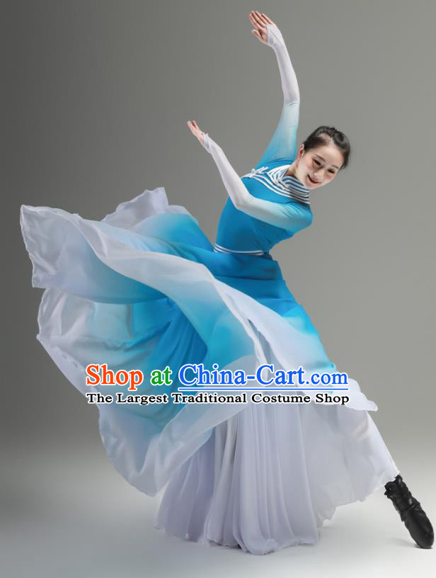 Chinese Mongolian Minority Blue Dress Outfits Mongol Nationality Clothing Ethnic Folk Dance Costume Woman Performance Garments