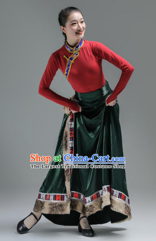 Chinese Tibetan Minority Performance Green Dress Outfits Zang Nationality Clothing Folk Dance Costume Ethnic Woman Garments