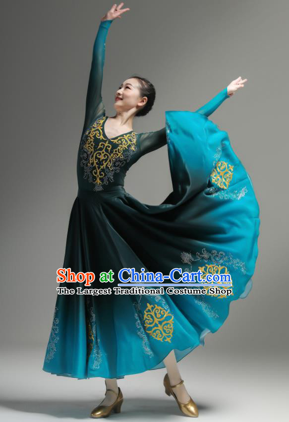 Chinese Uyghur Minority Performance Atrovirens Dress Outfits Uighur Nationality Dance Clothing Xinjiang Dance Costumes Ethnic Woman Garments