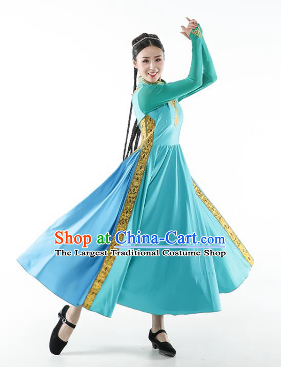 Chinese Ethnic Woman Dance Outfits Uyghur Nationality Dance Clothing Xinjiang Stage Performance Garment Costumes Uighur Minority Blue Dress